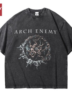 欧美金属大敌arch enemy乐队宽松做旧水洗重磅纯棉五分短袖T恤男