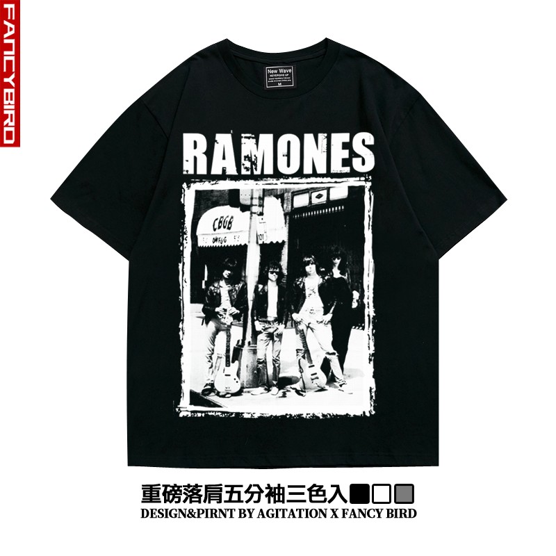 ramones美式摇滚雷蒙斯潮流落肩五分袖oversize重磅宽松T恤男女夏