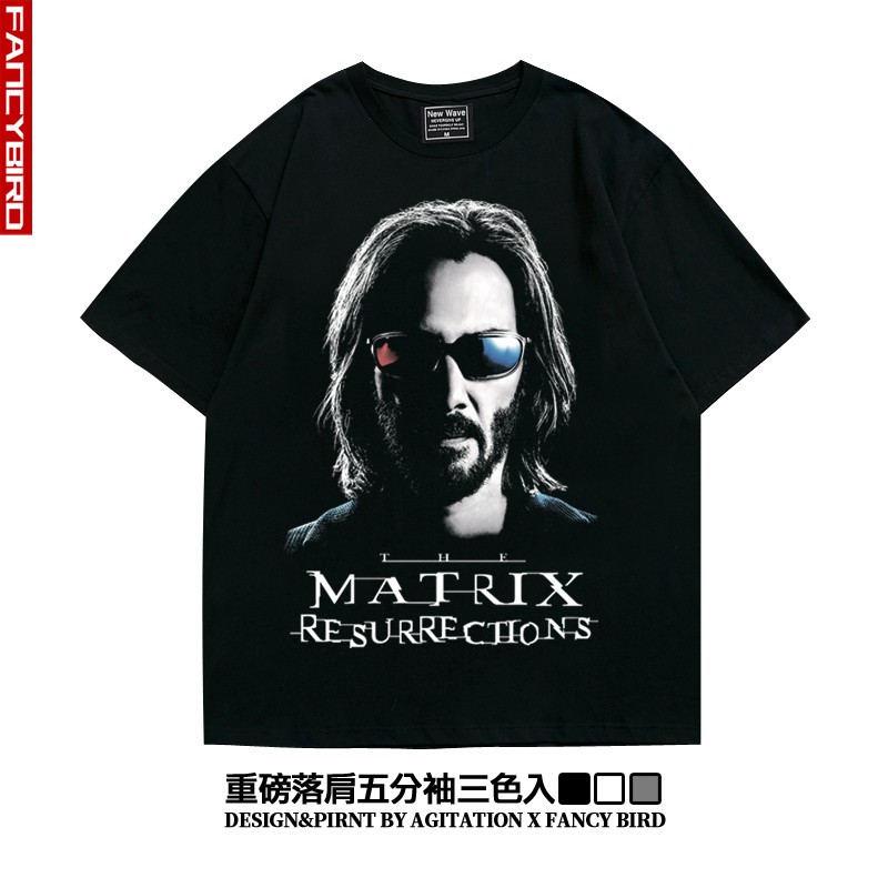 黑客帝国基努里维斯电影男女款短半袖落肩T恤流宽松纯棉重磅潮流