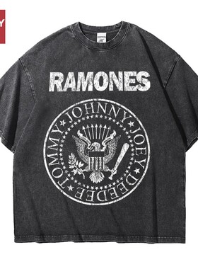ramones雷蒙斯摇滚欧美做旧水洗重磅oversize宽松纯棉五分短袖男