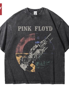 平克佛洛依德pinkfloyd乐队宽松做旧水洗重磅纯棉五分短袖T恤男女