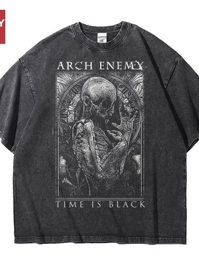 arch enemy大敌乐队欧美金属重磅宽松做旧水洗纯棉五分短袖T恤男