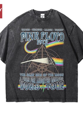 平克佛洛依德pinkfloyd乐队周边印花做旧水洗重磅纯棉五分短袖T恤