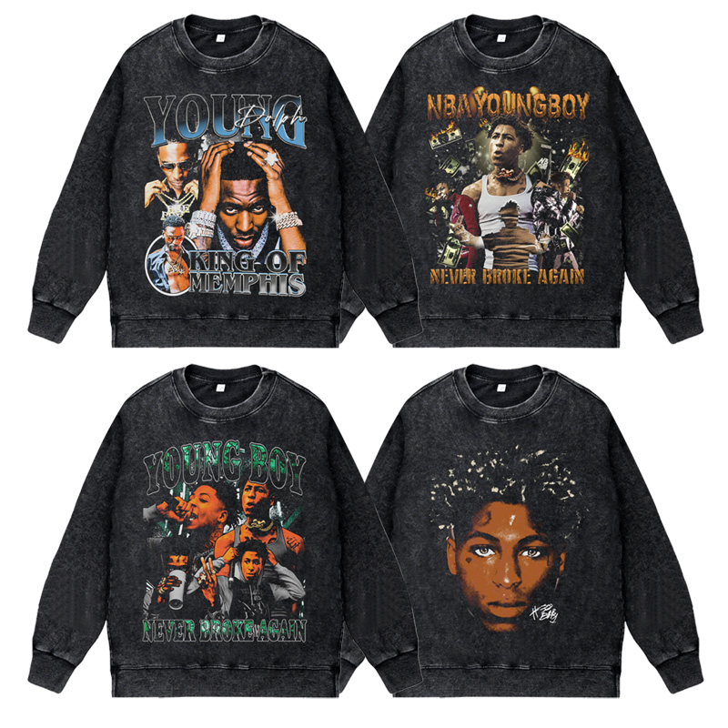 美式说唱嘻哈apper水洗做旧高街vintage套头圆领卫衣NBA Youngboy