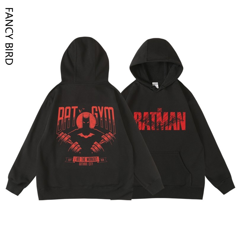 欧美蝙蝠侠撸铁健身房印花动漫潮流秋冬连帽加绒卫衣帽衫男女中性