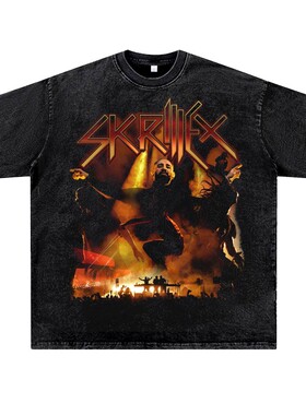 美式复古vintage潮流百大DJ电音高街Skrillex史奇雷克斯水洗做旧T