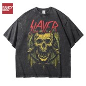 欧美摇滚金属乐队杀手Slayer水洗重磅大码 宽松纯棉五分短袖 T恤男