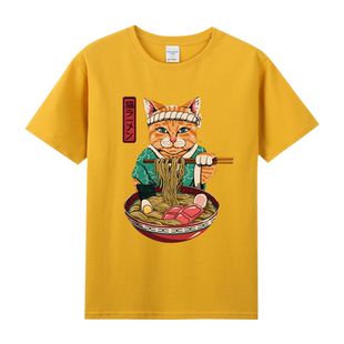 夏季纯棉圆领短袖日式原宿风恶搞宽松休闲猫咪拉面印花衣服bfT恤