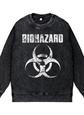 美式复古做旧水洗vintage圆领套头卫衣生化危机Biohazard说唱金属
