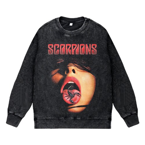 美式复古做旧水洗vintage圆领无帽套头卫衣scorpions蝎子乐队摇滚