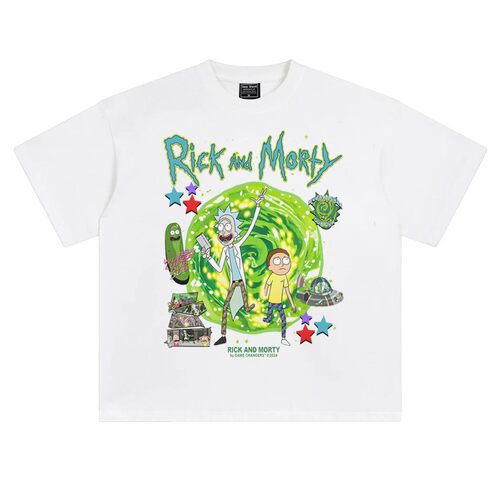 美式动漫复古oversize落肩宽松纯棉五分袖男瑞克与莫蒂rickmorty