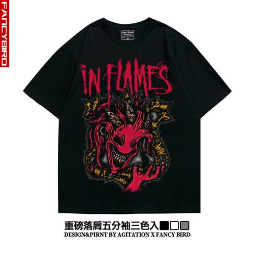 inflames烈焰欧美摇滚街头潮流阿美咔叽重磅落肩五分袖宽松T恤男