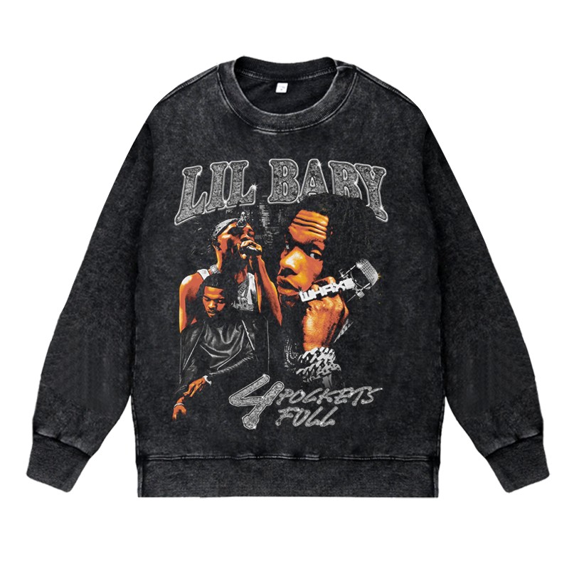 美式说唱嘻哈潮流apper水洗做旧潮流vintage秋冬套头卫衣lilbaby