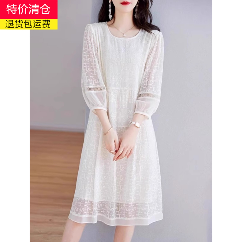 夏季新款白色刺绣桑蚕丝连衣裙
