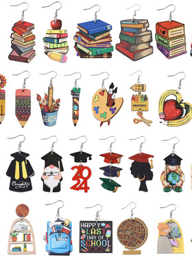 开学复古图书馆一堆书耳环项链 欧美多色书籍耳环饰品