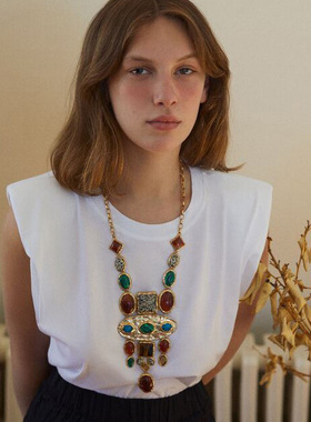 宫廷风毛衣链几何宝石长款项链