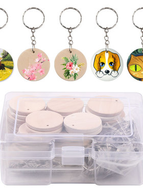 DIY彩绘木标牌钥匙扣配件盒装35mm圆木片钥匙环组合圣诞装饰挂件