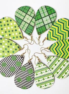 圣帕克节木头耳环绿色波点条纹格子水滴耳环亚马逊时尚耳饰礼物