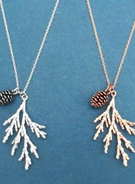 松果树枝树叶项链耳环