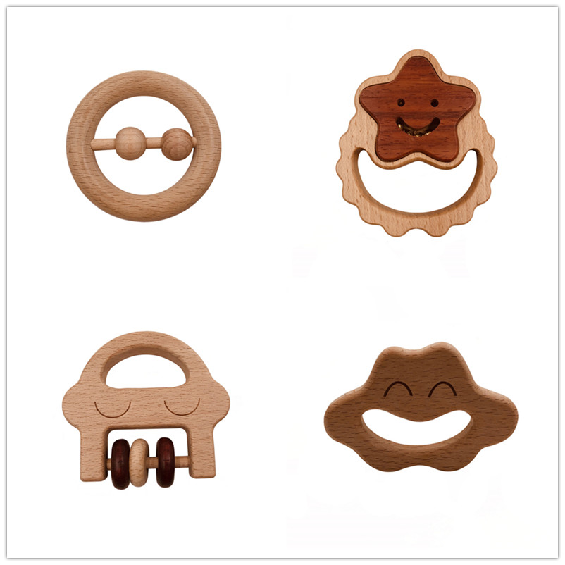 BT18 亚马逊热卖婴儿玩具磨牙安抚摇铃木环笑脸固齿器