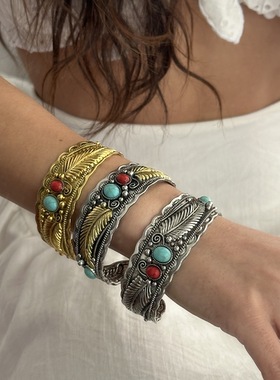 松石手镯女复古双色树叶手镯