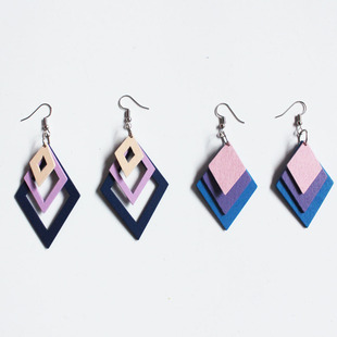 E206 韩版可爱木质三层菱形几何形耳环木片轻耳坠 多层渐变木耳环