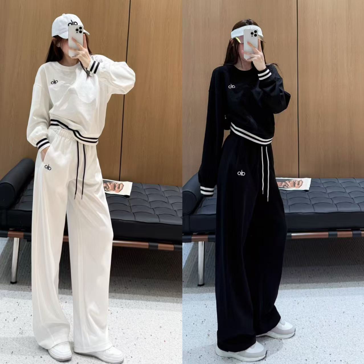 正品现货ALO女士时尚套装圆领条纹卫衣休闲卫裤刺绣二两件套长裤