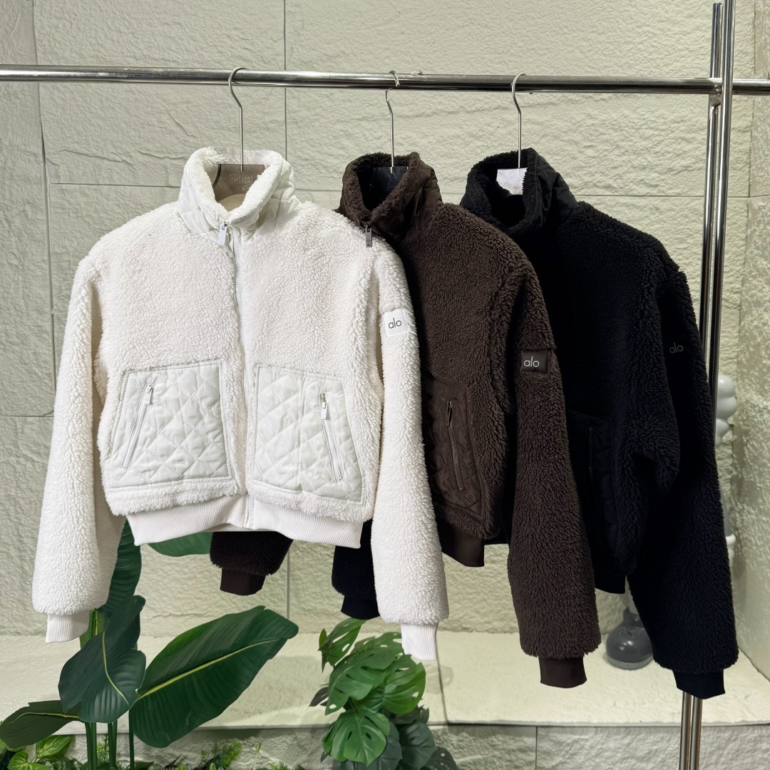 正品现货ALO女士羊羔毛拼接立领羊绒外套时尚高级加厚颗粒绒大衣