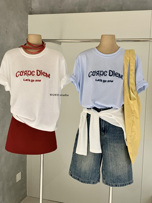 WGWE2026夏季新款撞色立体字母刺绣短袖T恤女天蓝色百搭上衣棉Tee
