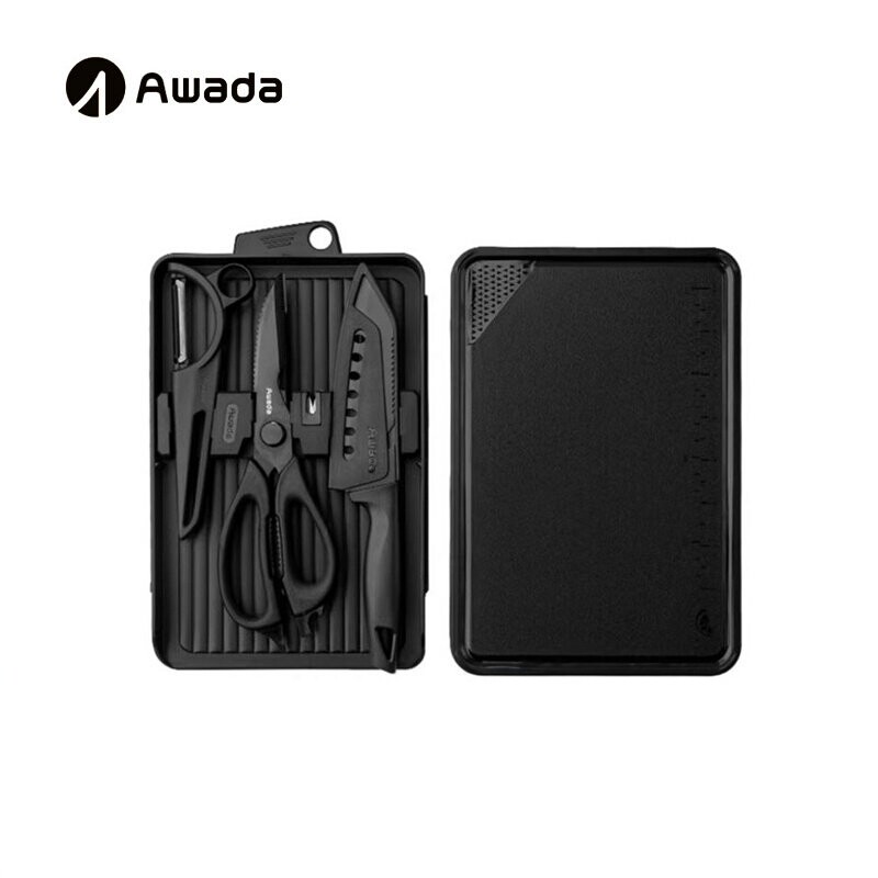 Awada户外厨具便携套装皓影切割套装黑化露营工具菜板剪刀削皮器 - 实物图