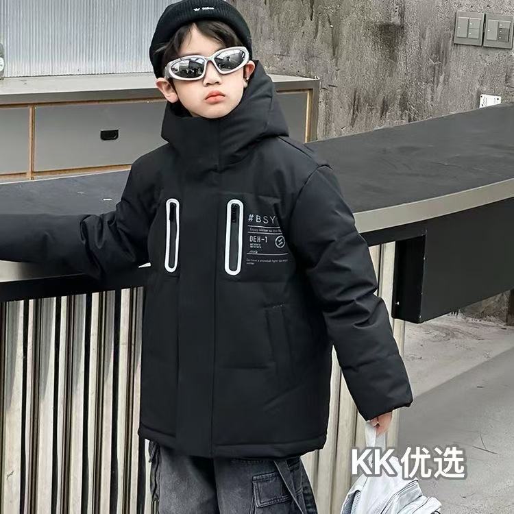 137户外风男童黑色连帽羽绒服中长款加厚保暖防寒外套无吊牌