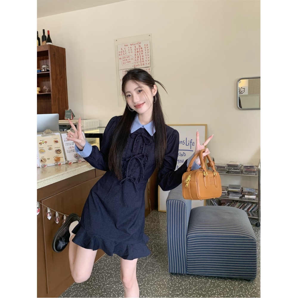 kumikumi学院风假两件长袖衬衫洋装女早秋法式木耳边藏青色短裙