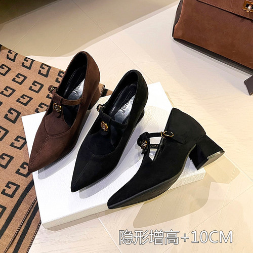 法式尖头内增高粗跟单鞋女10CM
