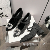 羊皮版 高跟保暖毛呢玛丽珍鞋 10cm增高水钻方扣毛毛单鞋 女秋冬新款