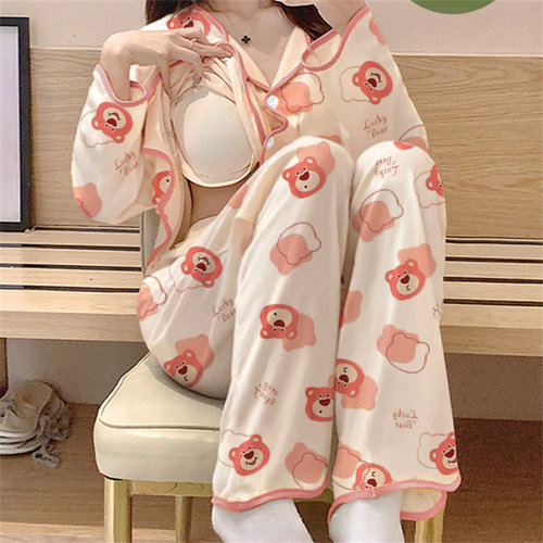 带胸垫睡衣少女开衫棉绸春秋季长袖长裤甜美可爱女士家居服套装