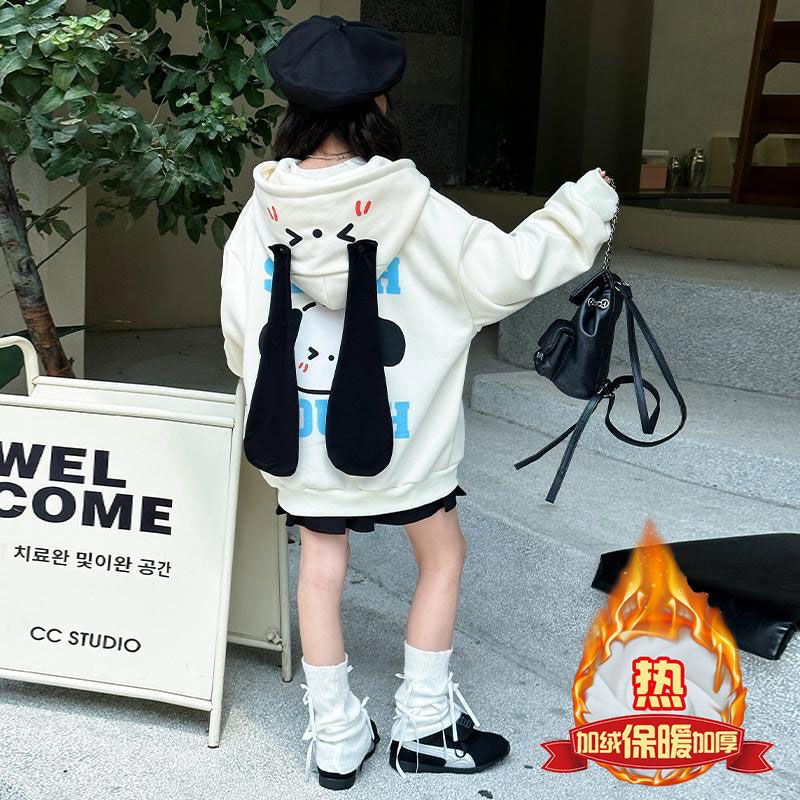 女童秋冬装外套长耳连帽卫衣女儿童秋装中大童加绒加厚开衫上衣女