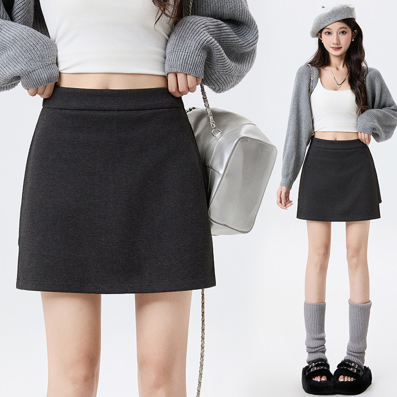 侧边开叉毛呢裤裙半身裙女2025秋冬高腰显瘦A字包臀裙短裙