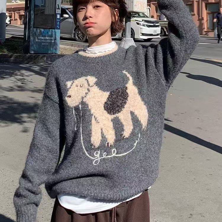 2025秋冬可爱减龄小狗ins风宽松圆领套头针织毛衣女