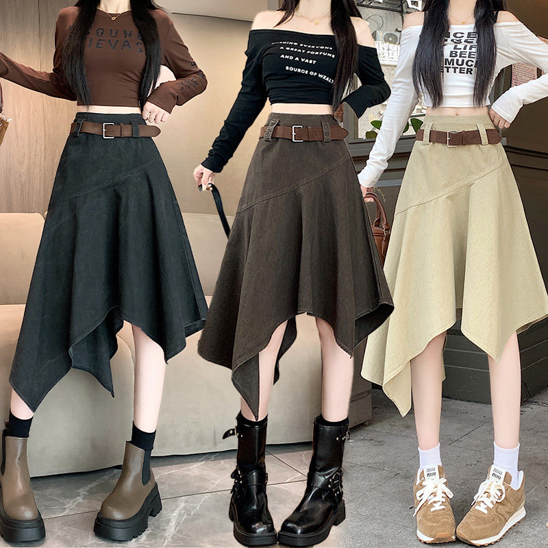 美拉德艺术感不规则半身裙女秋季新款辣妹设计感牛仔中长裙子