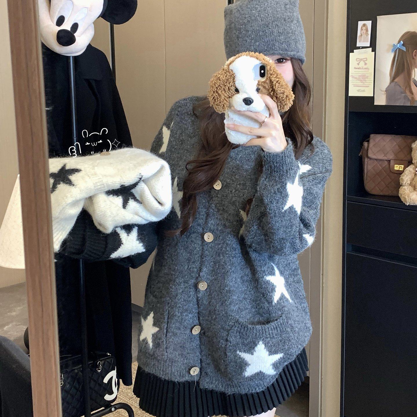 秋季新款美式复古星星提花翻领针织开衫毛衣外套上衣