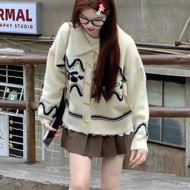 米白色樱桃毛衣外套女软糯慵懒小个子针织开衫