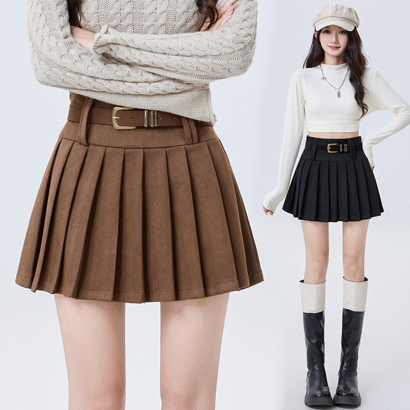 秋冬鹿皮绒百褶半身裙女2025高腰显瘦复古辣妹A字包臀裙短裙