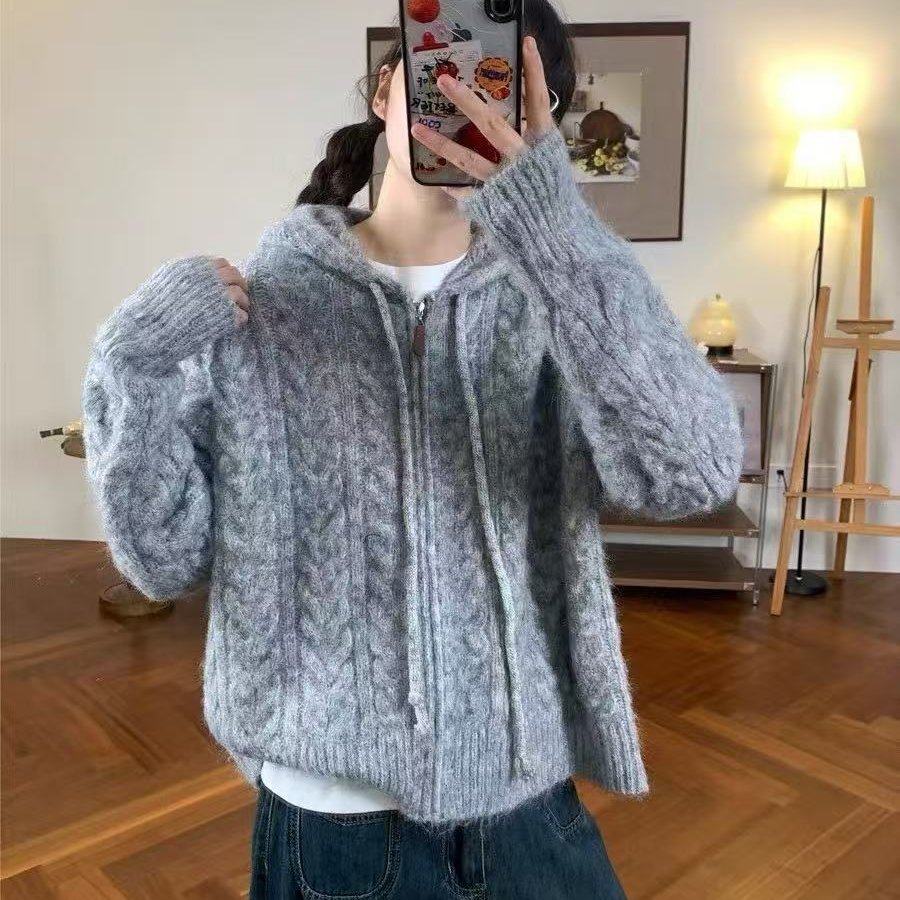 麻花显白连帽毛衣外套女韩版秋冬新款宽松百搭织拉链衫潮上衣