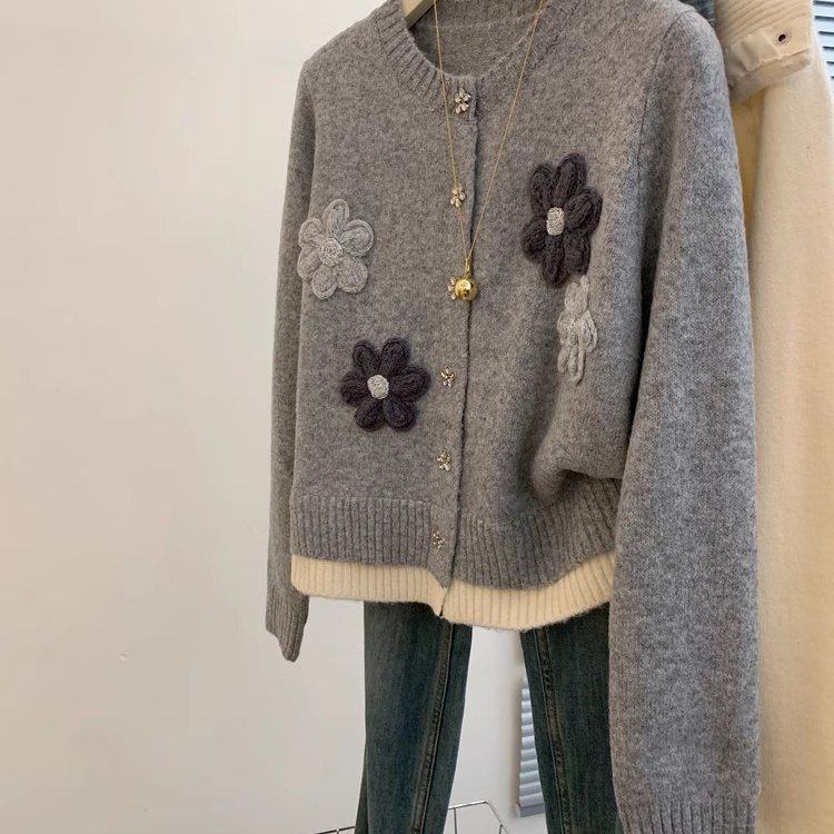 韩系撞色气质软糯针织开衫毛衣外套女小个子短款宽松慵懒风高级感