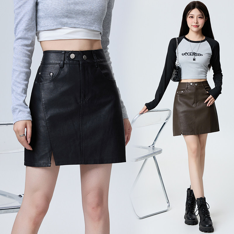 开叉PU皮裙女2025秋季新款高腰显瘦百搭A字包臀半身裙短裙