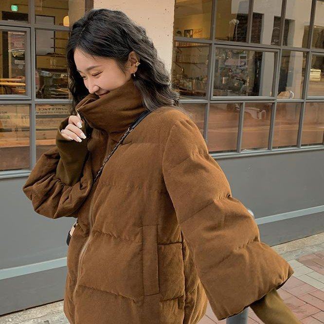 2025新款女冬韩版宽松加厚保暖面包服外套高端时尚灯芯绒立领棉服