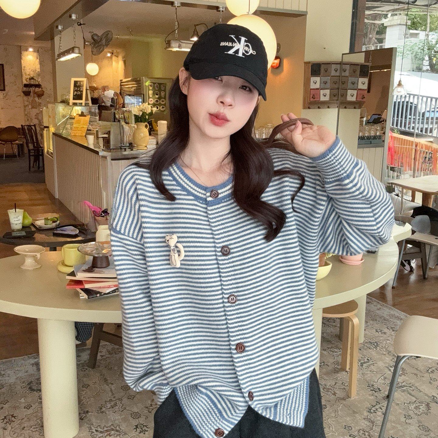 秋季新款复古宽松单排扣圆领条纹针织衫毛衣开衫外套