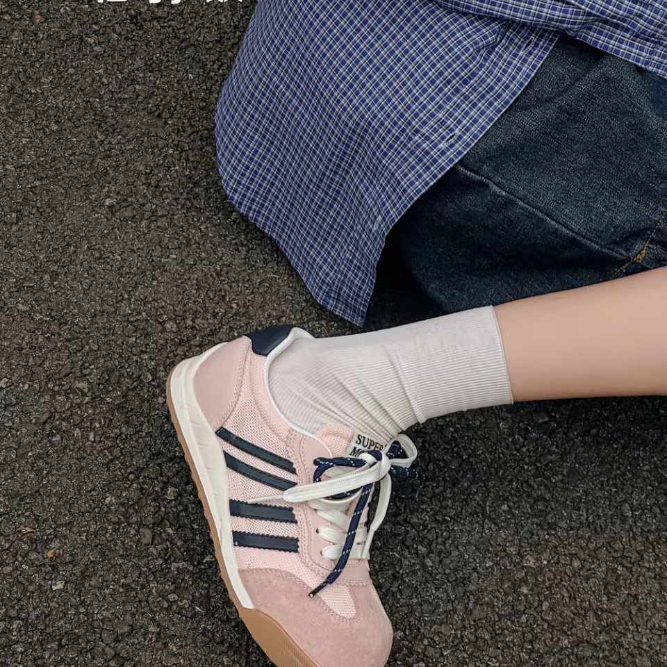 佰诗奴2025新款韩版透气厚底三条杠德训鞋女双系带百搭小白鞋休闲