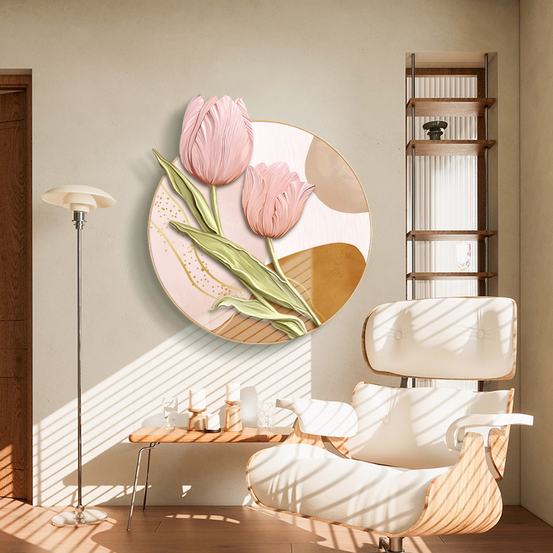 圆形花卉奶油ins风2023新款装饰画客厅餐厅肌理油画3d背景墙挂画图片