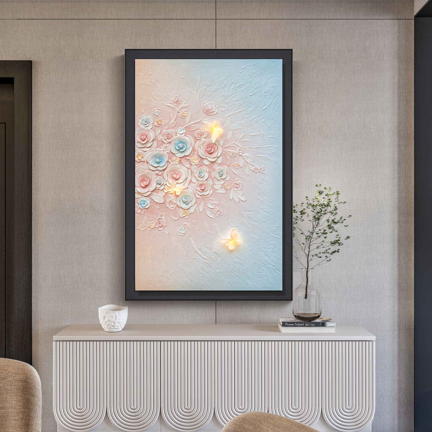 现代简约双鹿迎晖玄关客厅装饰画